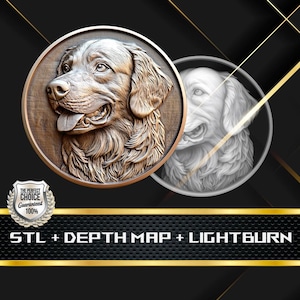 Münze Tiefe Karte | Höhe Karte | 3D Laser Gravur | Glühschmiede | Stl-Datei | PNG-Datei | Lightburn BMP | CNC Münze | Englischer Golden Retriever
