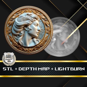 Könnte beinhalten: Ein detailliertes, goldgerahmtes Relief einer Frauenprofils, vor einem strukturierten Hintergrund. Das Design umfasst komplizierte Details und eine klassische Ästhetik. Der Text "STL + DEPTH MAP + LIGHTBURN" ist ebenfalls enthalten.
