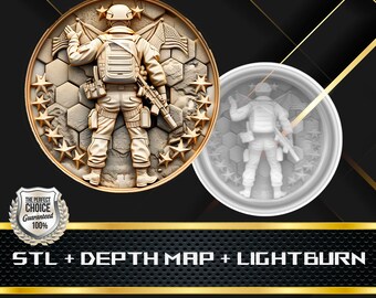 Può includere: Un modello stampato in 3D di un soldato che tiene una bandiera, in piedi su un motivo a nido d'ape con stelle attorno al bordo. Il modello è in oro e bianco, e il testo "STL + DEPTH MAP + LIGHTBURN" è sotto il modello.