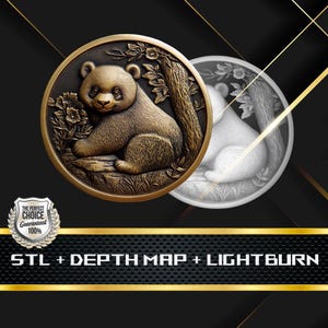 Dieptekaart munt | Hoogtekaart | 3D-lasergravure | STL-bestand | PNG-bestand | Grijswaarden | Lightburn BMP | CNC-munt | Pandamunt