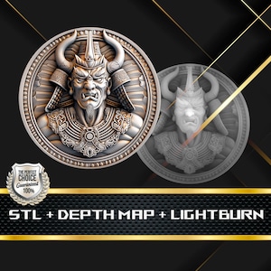 Oni Warrior Coin Depth Map: 3D Embossing Laser Engrave STL and Heigth Map files for Laser Fiber