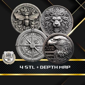 4 STL & Depth Map Coin Bundle | Bee, Lion, Compass Rose Bald Eagle | Laser Engraving Files | CNC Relief Carving | 3D Coin Pack