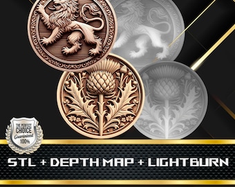 Coin Scottish Lion | Heigh Map | 3D Laser Engrave | Xtool | Glowforge | Stl file | PNG file | Lightburn BMP | CNC Coin | Warrior Coin