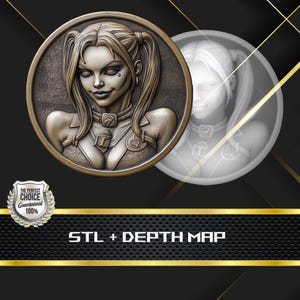 May include: A bronze-colored relief sculpture of a woman with pigtails, a choker, and a bustier. A ghostly, transparent image of the same woman is to the right. The text "STL + DEPTH MAP" is at the bottom.