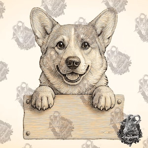 Könnte beinhalten: Eine Schwarzweiß-Zeichnung eines lächelnden Corgi-Hundes, der über ein Holzschild schaut. Der Hund hat einen fröhlichen Ausdruck und schaut direkt auf den Betrachter.