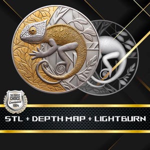 May include: Two detailed coin designs featuring a chameleon. One coin is gold and silver, showcasing the chameleon's textured skin. The other coin is a silver relief. The text "STL + DEPTH MAP + LIGHTBURN" is displayed below the coins.