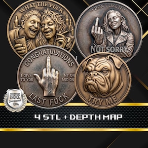 おもしろい中指コインセット STL & 深度マップ | 皮肉たっぷりのコイン4枚セット | 大人向けユーモア CNC ファイル | レーザー彫刻レリーフモデル