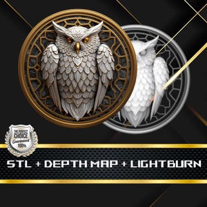 May include: A detailed, white owl sculpture with gold accents, set within a circular, ornate frame. The owl has detailed feather textures and piercing golden eyes. The image also includes the text "STL + DEPTH MAP + LIGHTBURN".