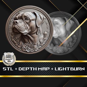 Münze Tiefe Karte | Höhenkarte | 3D Laser Gravur | Xtool | Stl-Datei | PNG-Datei | Graustufen | Lightburn BMP | Laserfaser | Boxer Hund Münze