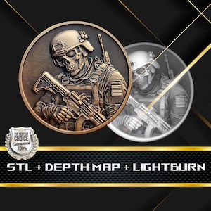 May include: A bronze-colored circular emblem featuring a detailed relief of a skull-faced soldier in combat gear, holding a rifle. A second, grayscale image of the same design is visible. The text "STL + DEPTH MAP + LIGHTBURN" is displayed below.