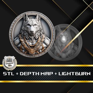 Wolf Münze Tiefe Karte und STL-Datei, 3D-Relief für die Lasergravur CNC
