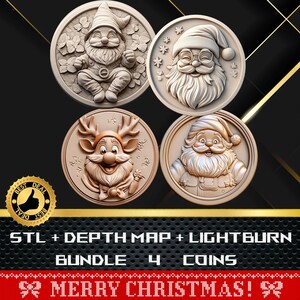 May include: Set of four 3D printed Christmas-themed coins featuring a gnome, Santa Claus, a reindeer, and Santa Claus with a beard. The coins are made of a light brown material and have a raised design.