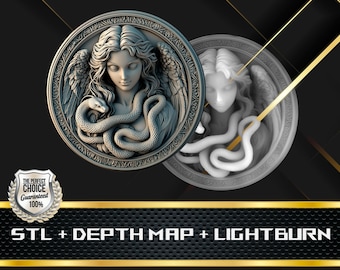 Göttin Schlangenmünze Tiefenkarte und STL-Datei, 3D-Relief für die Lasergravur CNC