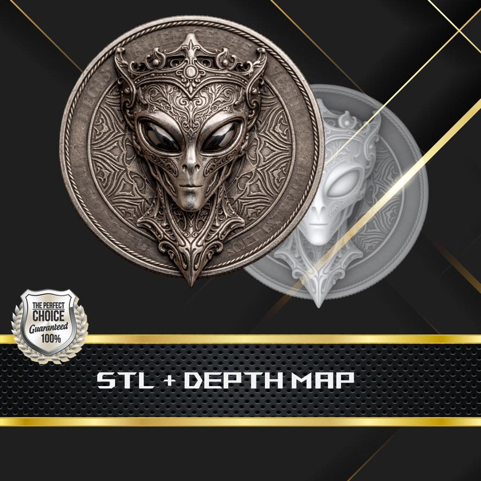 Alien 3D Coin Depth Map and STL File, 3D Relief for Laser Engraving CNC ...