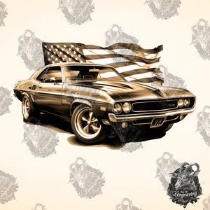 Puede incluir: Una ilustración en sepia de un coche americano clásico de músculo con una bandera americana ondeando en el fondo.