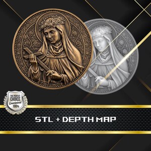 May include: Two detailed bronze-colored medallions featuring a woman holding a cross, adorned with a floral crown and halo. The medallions are set against a dark background with gold accents. One is bronze, the other is silver.