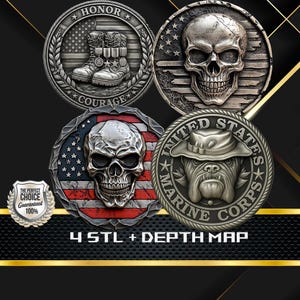 Paquete de monedas con calaveras militares STL con mapas de profundidad / Cuerpo de Marines de EE. UU., homenaje a veteranos y colección de relieves de calaveras patriotas / Archivos CNC / Paquete de 4 diseños