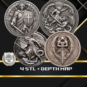 Erzengel Michael Coin Bundle STL & Tiefenkarten | Kollektion Sankt Michael | Christian Krieger Engel CNC-Dateien | 4 Designpaket