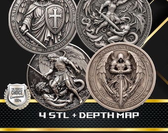 Archangel Michael Coin Bundle STL & Depth Maps | Saint Michael Relief Collection | Christian Warrior Angel CNC Files | 4 Design Pack