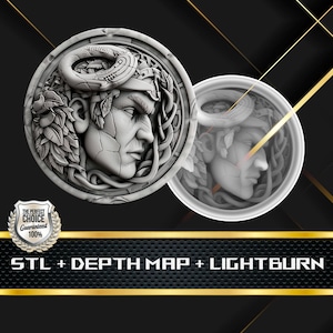 Man with Horns Coin Depth Map: 3D Embossing Laser Engrave STL and Heigth Map files for Laser Fiber