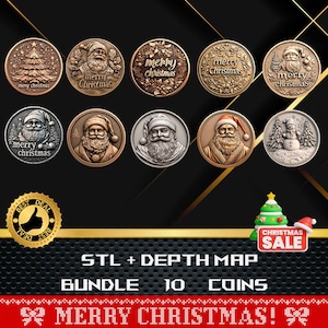Lot de 10 pièces de Noël | Carte de la profondeur | Hauteur : carte | Gravure laser 3D | Outil X | Forgelumineuse | Fichier Stl | Fichier PNG | Père Noël CNC