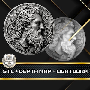 Pode incluir: Duas esculturas em relevo circulares detalhadas de um homem barbudo em perfil, rodeado por folhagem ornamental. As esculturas são em tons de cinza e branco, com o texto "STL + DEPTH MAP + LIGHTBURN" abaixo. Um distintivo prateado com texto está no canto inferior esquerdo.