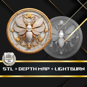 Op de afbeelding: Een gedetailleerde, cirkelvormige reliëfsculptuur met een bijenontwerp. De bij is wit met gouden accenten, tegen een witte en grijze achtergrond, omlijst door een gouden rand. De tekst "STL + DEPTH MAP + LIGHTBURN" wordt hieronder weergegeven.