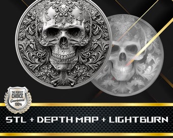 Coin Depth Map | Heigh Map | 3D Laser Engrave | Xtool | Stl file | PNG file | Grayscale | Lightburn BMP | Laser Fiber | Skull Coin