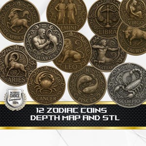 Può includere: Una collezione di dodici monete zodiacali color bronzo, ognuna con un rilievo dettagliato di un simbolo zodiacale e della sua costellazione corrispondente. Le monete sono disposte in un motivo circolare. Il testo in basso recita "12 ZODIAC COINS DEPTH MAP AND STL".