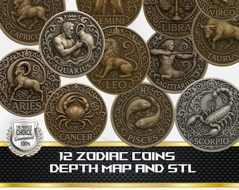 May include: A collection of twelve bronze-colored zodiac coins, each featuring a detailed relief of a zodiac symbol and its corresponding constellation. The coins are arranged in a circular pattern. Text at the bottom reads "12 ZODIAC COINS DEPTH MAP AND STL".