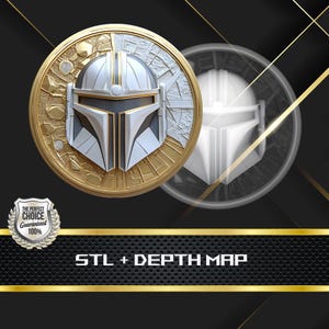 May include: A gold and silver Mandalorian helmet design on a round medallion. The medallion has a detailed relief pattern and a transparent helmet outline. The text "STL + DEPTH MAP" is at the bottom.