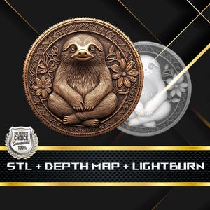 May include: A 3D printed model of a sloth sitting in a meditative pose, surrounded by flowers. The model is made of a bronze-colored material and has a detailed, realistic texture. The model is shown against a black background with a white outline of the sloth.