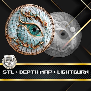 May include: A detailed, circular design featuring a stylized eye with teal and gold accents. The eye is set against a backdrop of light blue feathers, with gold filigree. The design is set on a black background with gold lines and the text "STL + DEPTH MAP + LIGHTBURN".