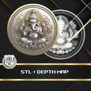 May include: A detailed medallion with a gold rim, depicting a seated Ganesh figure with an elephant head and multiple arms, surrounded by lotus flowers. A grayscale version is to the right. The text "STL + DEPTH MAP" is displayed below.