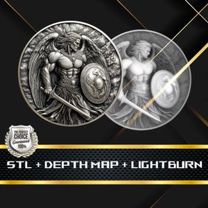 Dieptekaart munt | Hoogtekaart | 3D-lasergravure | Glowforge | STL-bestand | PNG-bestand | Grijswaarden | Lightburn BMP | CNC-munt | Beschermengel