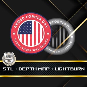 Pode incluir: Um design preto e branco com o texto "Armed Forces Day" e "Honor Those Who Served" em um círculo. O design está em um fundo preto com linhas douradas.