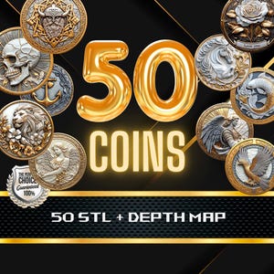 Könnte beinhalten: Eine Sammlung von 50 goldfarbenen Münzen mit verschiedenen Designs, darunter ein Schädel, ein Anker, ein Löwe, ein Engel, eine Meerjungfrau, eine Rose und ein Vogel. Die Münzen sind in einem Kreis um die Zahl 50 und die Wörter "COINS" und "50 STL + DEPTH MAP" angeordnet.