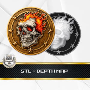 Pode incluir: Dois designs circulares com ilustrações de caveiras. Um é uma moeda dourada com uma caveira em chamas e detalhes de estrelas. O outro é uma moeda em tons de cinza com um design de caveira. O texto "STL + DEPTH MAP" está na parte inferior.