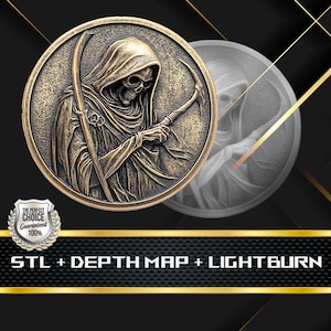 Sensenmann | Münze Tiefe Karte | Höhenkarte | 3D Laser Gravur | Xtool | Stl-Datei | PNG-Datei | Graustufen | Lightburn BMP | Münze des Todes