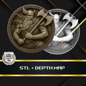 Pode incluir: Ilustração detalhada de um guerreiro viking segurando um machado, dentro de uma moldura circular. A imagem é renderizada em tons de bronze, com detalhes intrincados na armadura e no machado. O texto "STL + DEPTH MAP" é exibido abaixo.