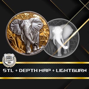 Dieptekaart munt | Hoogtekaart | 3D-lasergravure | Xtool | STL-bestand | PNG-bestand | Grijswaarden | Lightburn BMP | Laservezel | Olifant