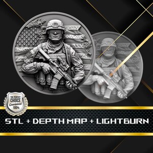 May include: A 3D printed model of a soldier holding a rifle, with a tattered American flag in the background. The model is in a silver color and is designed for use with a 3D printer. The text "STL + DEPTH MAP + LIGHTBURN" is displayed below the model.