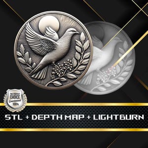 Mapa de profundidad de monedas / Mapa de altura / Grabado láser 3D / Xtool / Archivo STL / Archivo PNG / Escala de grises / Lightburn BMP / Moneda CNC / Moneda Pigeon