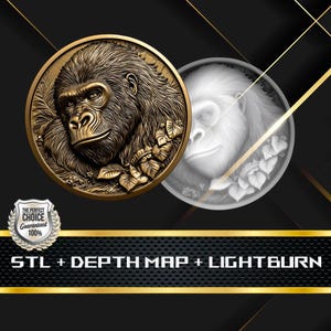Dieptekaart munt | Hoogtekaart | 3D-lasergravure | STL-bestand | PNG-bestand | Grijswaarden | Lightburn BMP | CNC-munt | Gorilla-munt