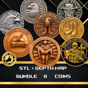 Pode incluir: Uma coleção de oito moedas detalhadas com temas patrióticos. As moedas apresentam imagens de uma águia, botas militares, um tanque e soldados. O texto nas moedas inclui frases como "Land of the Free" e "For God and Country."