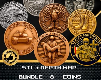 8x 3D-Münze Tiefe Karte und STL-Datei, 3D-Relief für die Lasergravur CNC