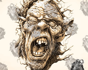 May include: A detailed black and white illustration of a grotesque, snarling creature with a large mouth and sharp teeth. The creature's face is surrounded by twisted branches and vines, creating a sense of horror and unease.