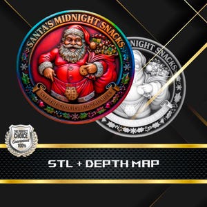 Puede incluir: Un diseño circular festivo con Papá Noel sosteniendo una galleta y un saco de regalos, con el texto "SANTA'S MIDNIGHT SNACKS" y "ATE THE COOKIES, HID THE MILK!". También se muestra una versión en escala de grises.