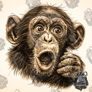 May include: A close-up of a chimpanzee's face with its mouth open in a surprised expression. The chimpanzee has brown fur and large, dark eyes. The image is in sepia tones.