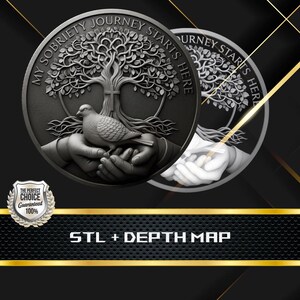 Pode incluir: Uma moeda cinza escuro com o texto "MY SOBRIETY JOURNEY STARTS HERE" circundando um desenho detalhado de uma árvore. Uma pomba repousa sobre as mãos, com uma segunda moeda parcialmente visível. O texto "STL + DEPTH MAP" está na parte inferior.